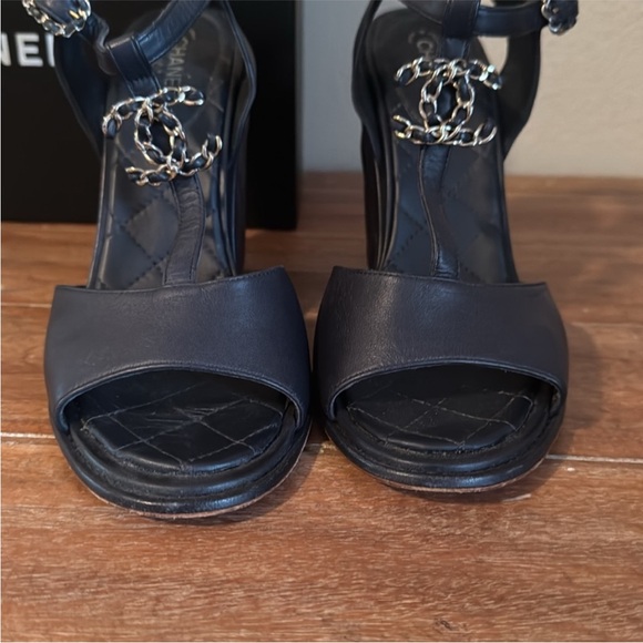 CHANEL Lambskin Leather T-Strap Wedge CC Sandals - Picture 7 of 15